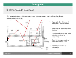6. Requisitos de instalação

     Os seguintes requisitos devem ser preenchidos para a instalação da
     Pontos AquaCycle:

                                                         •        Separação dos sistemas de
                                                                  drenagem e abastecimento


                                                          •       Ventilação da entrada de água
                                                                  cinzenta

                                                          •       Overflow integrado com sifão
                                                                  (overflow, remoção de
                                                                  sedimentos)

                                                              •   Ralo de drenagem na área
                                                                  de instalação EN 12056


                                                              •    Ventilação da área de
                                                                   instalação



Pontos / 032010                                     © Hansgrohe AG. All rights reserved.      15
 