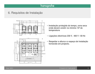 6. Requisitos de Instalação



                                  • Instalação protegida do tempo, zona seca
                                    onde devem existir no minimo 12º de
                                    temperatura

                                  • Ligações eléctricas 230 V. 400 V / 50 Hz

                                  • Respeitar a altura e o espaço de instalação
                                    fornecido em projecto.




Pontos / 032010                                © Hansgrohe AG. All rights reserved.   16
 
