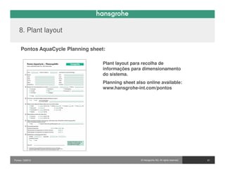 8. Plant layout

     Pontos AquaCycle Planning sheet:

                                    Plant layout para recolha de
                                    informações para dimensionamento
                                    do sistema.
                                    Planning sheet also online available:
                                    www.hansgrohe-int.com/pontos




Pontos / 032010                                      © Hansgrohe AG. All rights reserved.   21
 