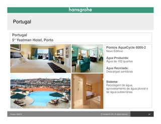 Portugal

  Portugal
  5* Yeatman Hotel, Porto
                                   Pontos AquaCycle 6000-2
                                   Novo Edificio

                                   Água Produzida:
                                   Água de 102 quartos

                                   Água Reciclada:
                                   Descargas sanitárias


                                   Sistema:
                                   Reciclagem de água,
                                   aproveitamento de água pluvial e
                                   de água subterrânea




Pontos / 032010             © Hansgrohe AG. All rights reserved.      32
 