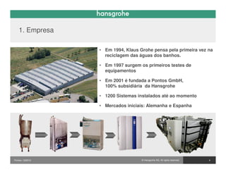 1. Empresa

                  • Em 1994, Klaus Grohe pensa pela primeira vez na
                    reciclagem das águas dos banhos.

                  • Em 1997 surgem os primeiros testes de
                    equipamentos

                  • Em 2001 é fundada a Pontos GmbH,
                    100% subsidiária da Hansgrohe

                  • 1200 Sistemas instalados até ao momento

                  • Mercados iniciais: Alemanha e Espanha




Pontos / 032010                     © Hansgrohe AG. All rights reserved.   4
 