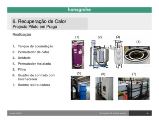 6. Recuperação de Calor
   Projecto Piloto em Praga
   Realização


   1. Tanque de acumulação
   2. Permutador de calor
   3. Unidade
   4. Permutador instalado
   5. Filtro
   6. Quadro de controlo com
      touchscreen
   7. Bomba recirculadora




Pontos / 032010                © Hansgrohe AG. All rights reserved.   48
 