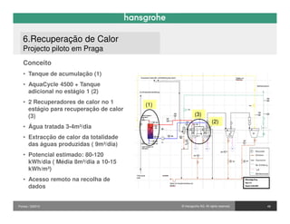 6.Recuperação de Calor
   Projecto piloto em Praga
   Conceito
   • Tanque de acumulação (1)
   • AquaCycle 4500 + Tanque
     adicional no estágio 1 (2)
   • 2 Recuperadores de calor no 1       (1)
     estágio para recuperação de calor
     (3)                                                (3)
                                                                     (2)
   • Água tratada 3-4m³/dia
   • Extracção de calor da totalidade
     das águas produzidas ( 9m³/dia)
   • Potencial estimado: 80-120
     kWh/dia ( Média 8m³/dia a 10-15
     kWh/m³)
   • Acesso remoto na recolha de
     dados


Pontos / 032010                                © Hansgrohe AG. All rights reserved.   49
 
