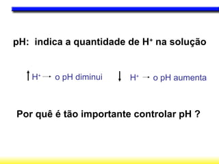 pH: indica a quantidade de H+ na solução


   H+   o pH diminui    H+   o pH aumenta



Por quê é tão importante controlar pH ?
 