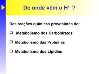 De onde vêm o H+ ?

Das reações químicas provenintes do:

 Metabolismo dos Carboidratos

 Metabolismo das Proteínas

 Metabolismo dos Lipídios
 