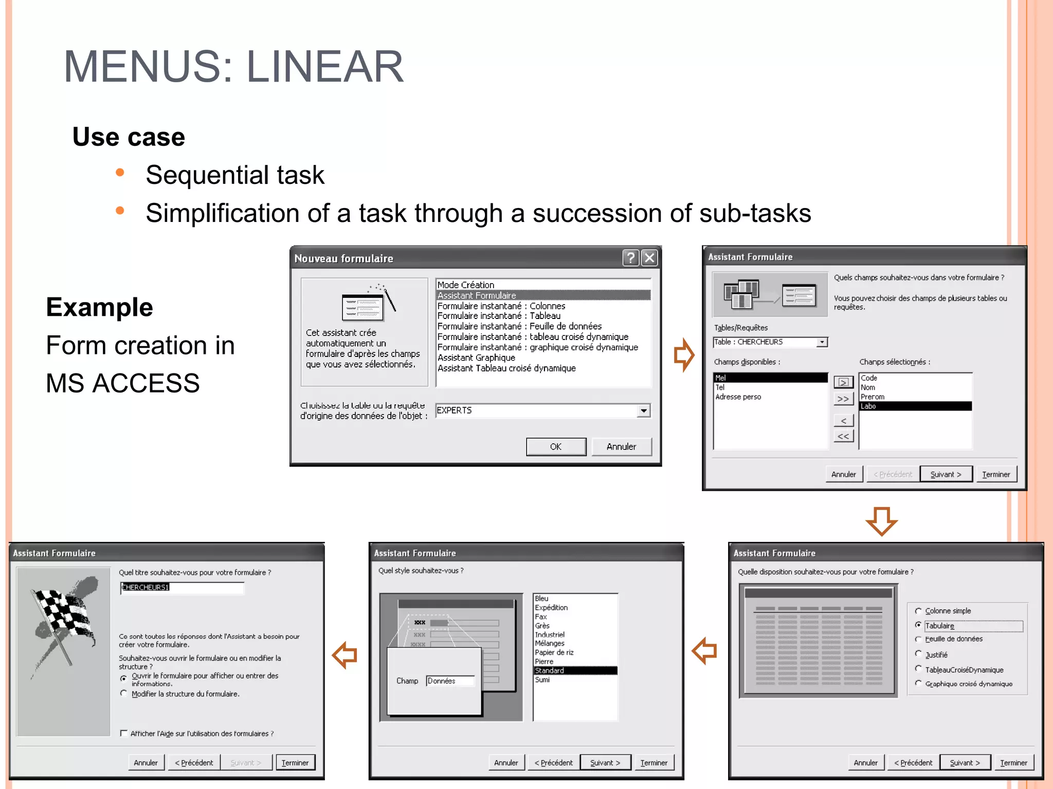MENUS: LINEAR Use case Sequential task Simplification of a task through a succession of sub-tasks Example Form creation in  MS ACCESS 