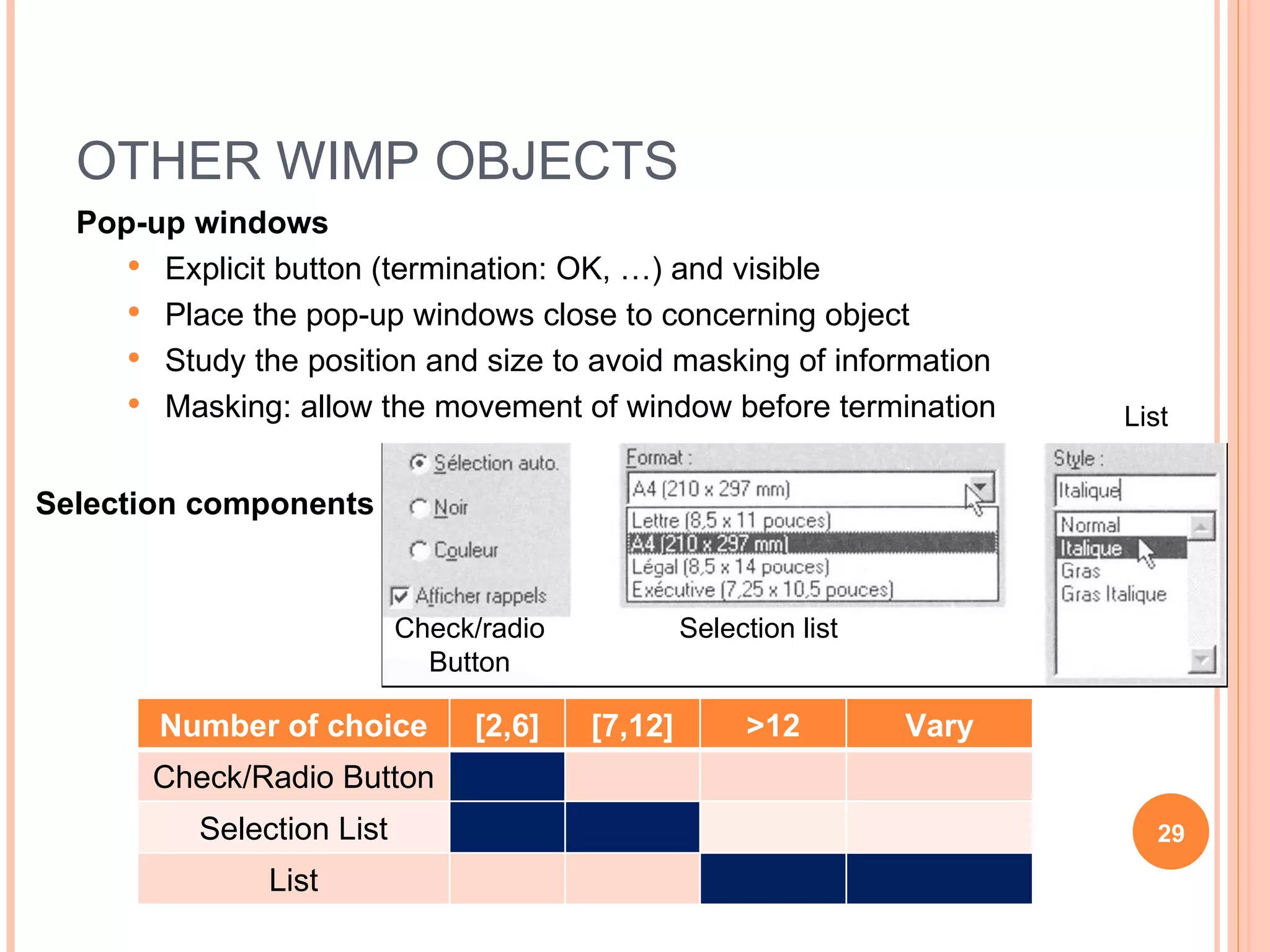 OTHER WIMP OBJECTS Pop-up windows Explicit button (termination: OK, …) and visible Place the pop-up windows close to concerning object Study the position and size to avoid masking of information Masking: allow the movement of window before termination Selection components Check/radio Button Selection list List Number of choice [2,6] [7,12] >12 Vary Check/Radio Button Selection List List 