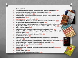 Obras principais
O   Escape from Freedom (também conhecido como The Fear of Freedom), 1941
O   Man for Himself: An Inquiry into the Psychology of Ethics, 1947
O   Psychoanalysis and Religion, 1950
O   The Forgotten Language: the Understanding of Dreams, Fairy Tales and Myths, 1951
O   The Sane Society, 1955
O   The Art of Loving (A arte de amar), 1956
O   Sigmund Freud's Mission: an analysis of his personality and influence, 1959
O   Let Man Prevail: a Socialist Manifest and Program, 1960
O   Zen Buddhism and Psychoanalysis with D.T. Suzuki and Richard de Martino, 1960
O   May Man Prevail? An inquiry to the Facts and Fictions of Foreign Policy, 1961
O   Marx's Concept of Man, 1961
O   Beyond the Chains of Illusion: my Encounter with Marx and Freud, 1962
O   The Dogma of Christ and Other Essays on Religion, Psychology, and Culture (O
    dogma de Cristo), 1963
O   The Heart of Man: its Genius for Good and Evil, 1964
O   You Shall Be as Gods, 1966
O   The Revolution of Hope: Toward a Humanized Technology (A Revolução da
    Esperança), 1968
O   The Crisis of Psychoanalysis: Essays on Freud, Marx, and Social Psychology, 1970
O   Social Character in a Mexican Village (com Michael Maccoby), 1970
O   The Anatomy of Human Destructiveness, 1973
O   To Have or to Be, 1976
O   The Working Class in Weimar Germany (análise psicossocial feita na década de
    1930), 1984
O   For the Love of Life, 1986
O   The Art of Being, editado por Rainer Funk, 1989
 