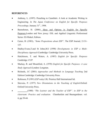 REFERENCES
 Anthony, L. (1997). Preaching to Cannibals: A look at Academic Writing in
Engineering. In The Japan Conference on English for Specific Purposes
Proceedings. Junuary 31st
, 1998.
 Basturkmen, H. (2006). Ideas and Options in English for Specific
Purposes.London and New jersey: ESL and Applied Linguistic Professional
Series: Eli Hinkel, Edition.
 Carter, D. (1983), “Some Propositions about ESP”, The ESP Journal, 2:131-
137.
 Dudley-Evans,T.and St Johns,M.J (1998) Developments in ESP a Multi-
Disciplinary Approach Cambridge: Cambridge University Press.
 Hutchinson, T. and Waters, A. (1987) English for Specific Purposes
Cambridge: CUP
 Mackay, R. and Mountford, A. (1978) English for Specific Purposes: A case
Study Approach.London: Longman.
 Richards, J.C (2001) Approaches and Methods in Language Teaching 2nd
Edition Cambridge: Cambridge University Press.
 Robinson, P (1991) ESP today.UK: Prentice Hall International ltd.
 Strevens, P. (1977) New Orientations in the Teaching of English.Oxford:
Oxford University Press.
 _________(1988) “The Learner and the Teacher of ESP”. in ESP in the
classroom: Practice and evaluation. Chamberlain and Baumgardener. vol.
6; pp 39-44.
 