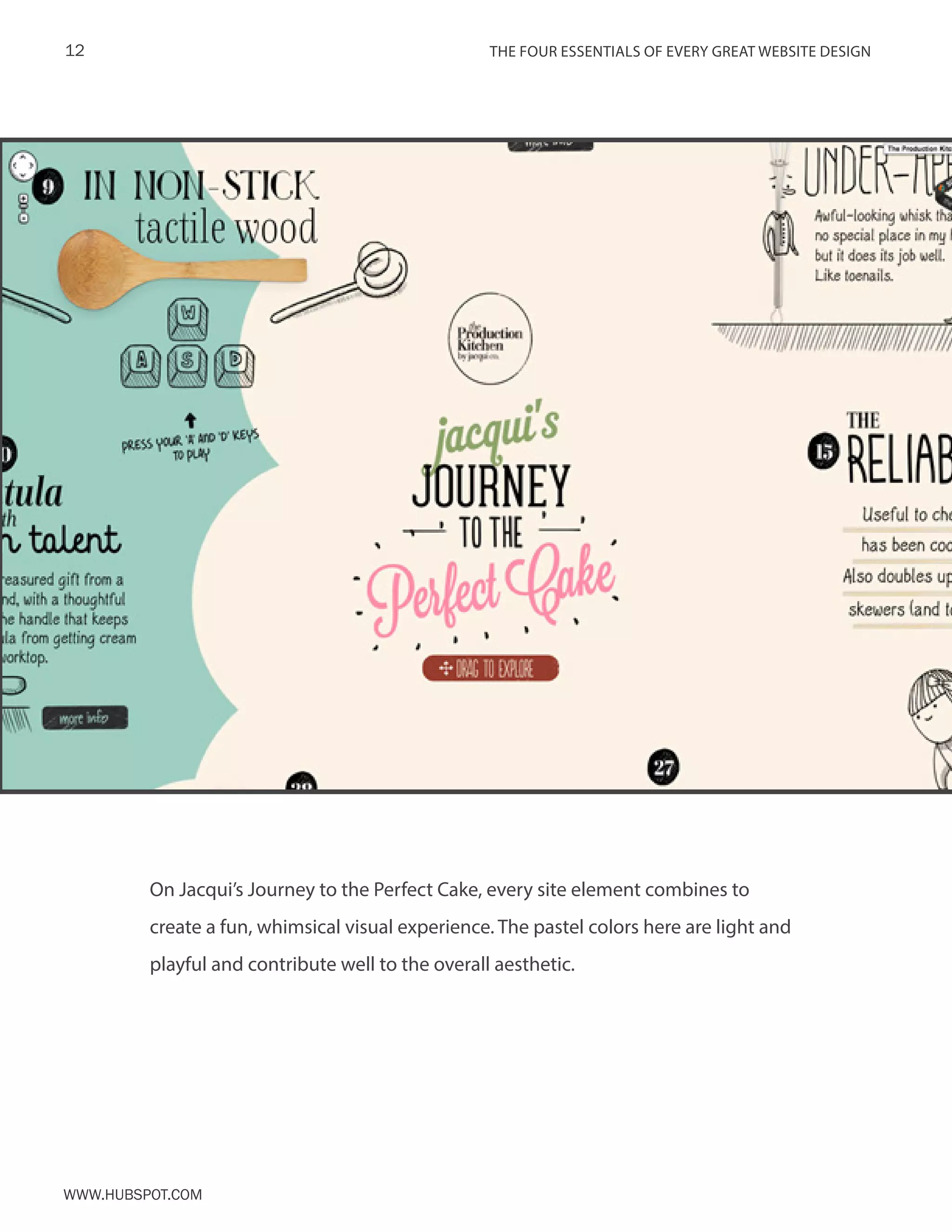 The FOUR ESSENTIALS OF EVERY GREAT WEBSITE DESIGN12
www.Hubspot.com
On Jacqui’s Journey to the Perfect Cake, every site element combines to
create a fun, whimsical visual experience. The pastel colors here are light and
playful and contribute well to the overall aesthetic.
 
