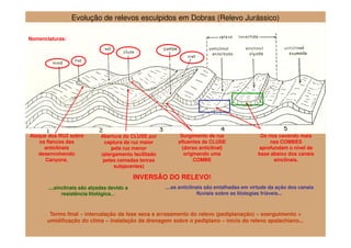 Evolução de relevos esculpidos em Dobras (Relevo Jurássico)

Nomenclaturas:




Ataque dos RUZ sobre          Abertura do CLUSE por           Surgimento de ruz                 Os rios cavando mais
    os flancos das             captura da ruz maior          afluentes da CLUSE                     nas COMBES
      anticlinais                 pela ruz menor               (dorso anticlinal)              aprofundam o nível de
   desenvolvendo              (alargamento facilitado           originando uma                 base abaixo dos canais
      Canyons.                 pelas camadas tenras                 COMBE                             sinclinais.
                                   subjacentes)

                                             INVERSÃO DO RELEVO!
       ....sinclinais são alçadas devido a              ....as anticlinais são entalhadas em virtude da ação dos canais
              resistência litológica...                                fluviais sobre as litologias friáveis...



       Termo final – intercalação da fase seca e arrasamento do relevo (pediplanação) – soerguimento +
      umidificação do clima – instalação da drenagem sobre o pediplano – início do relevo apalachiano...
 