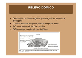 RELEVO DÔMICO


• Deformação de caráter regional que reorganiza o sistema de
  drenagem.
• O relevo depende do tipo de clima e do tipo de domo:
• A)Concordante – sill, lacólito, facólito.
• B)Discordante – necks, diques, batólitos.
 