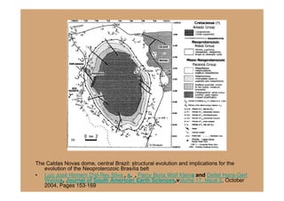 The Caldas Novas dome, central Brazil: structural evolution and implications for the
   evolution of the Neoproterozoic Brasılia belt
• Luiz José Homem D'el-Rey Silva , a, , Percy Boris Wolf Kleina and Detlef Hans-Gert
   Waldea, Journal of South American Earth Sciences,volume 17, Issue 2, October
   2004, Pages 153-169
 