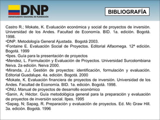 Castro R.; Mokate, K. Evaluación económica y social de proyectos de inversión. Universidad de los Andes. Facultad de Economía. BID. 1a. edición. Bogotá. 1998.   DNP. Metodología General Ajustada.  Bogotá 2003. Fontaine E. Evaluación Social de Proyectos. Editorial Alfaomega. 12ª edición. Bogotá. 1999 Ilpes. Guía para la presentación de proyectos Mendez, L. Formulación y Evaluación de Proyectos. Universidad Surcolombiana Neiva. 2a edición. Neiva 2000.  Miranda, J.J. Gestión de proyectos: identificación, formulación y evaluación. Editorial Guadalupe. 4a. edición. Bogotá. 2000 Mokate, K. Evaluación financiera de proyectos de inversión. Universidad de los Andes. Facultad de Economía. BID. 1a. edición. Bogotá. 1998.  ONU. Manual de proyectos de desarrollo económico Sanin, A; Héctor. Guía metodológica general para la preparación y evaluación de proyectos de inversión social. Ilpes. 1995   Sapag, N; Sapag, R. Preparación y evaluación de proyectos.  Ed. Mc Graw Hill. 3a. edición.  Bogotá. 1996  BIBLIOGRAFÍA 