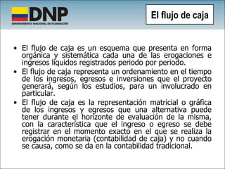 El flujo de caja es un esquema que presenta en forma orgánica y sistemática cada una de las erogaciones e ingresos líquidos registrados periodo por periodo.  El flujo de caja representa un ordenamiento en el tiempo de los ingresos, egresos e inversiones que el proyecto generará, según los estudios, para un involucrado en particular.  El flujo de caja es la representación matricial o gráfica de los ingresos y egresos que una alternativa puede tener durante el horizonte de evaluación de la misma, con la característica que el ingreso o egreso se debe registrar en el momento exacto en el que se realiza la erogación monetaria (contabilidad de caja) y no cuando se causa, como se da en la contabilidad tradicional. El flujo de caja 