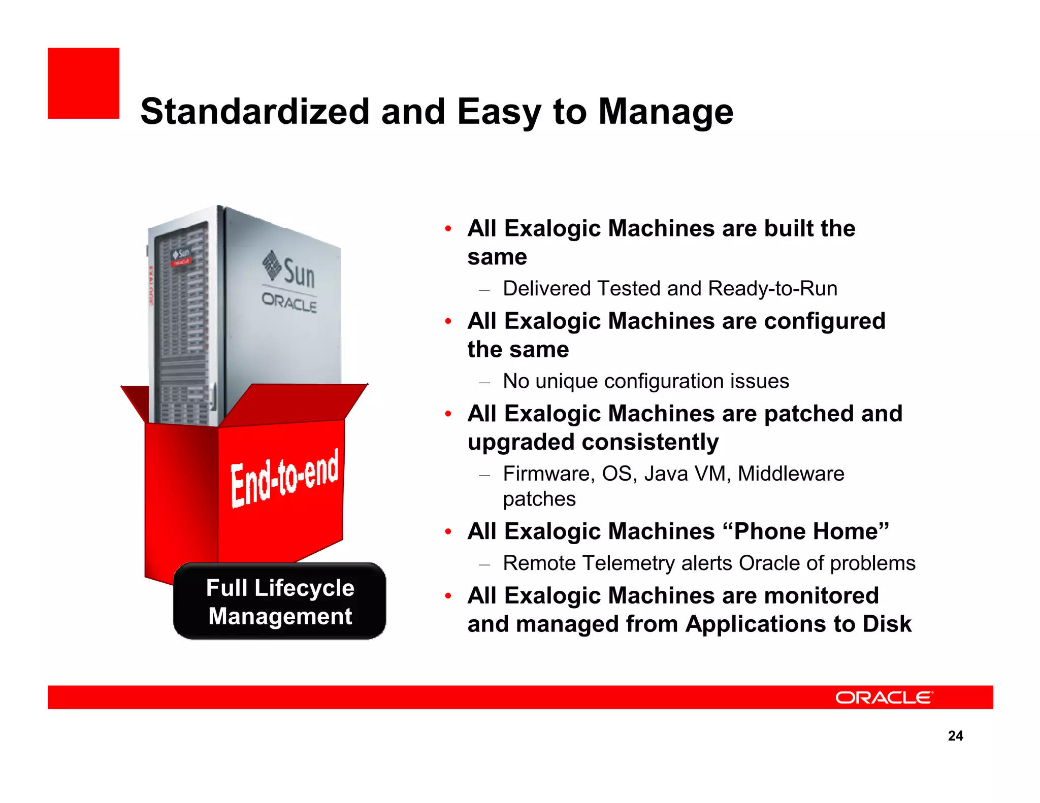 Standardized and Easy to Manage
• All Exalogic Machines are built the
same
– Delivered Tested and Ready-to-Run
• All Exalogic Machines are configured
the same
– No unique configuration issues
• All Exalogic Machines are patched and
24
• All Exalogic Machines are patched and
upgraded consistently
– Firmware, OS, Java VM, Middleware
patches
• All Exalogic Machines “Phone Home”
– Remote Telemetry alerts Oracle of problems
• All Exalogic Machines are monitored
and managed from Applications to Disk
Full Lifecycle
Management
 