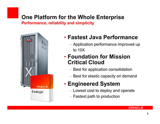 • Fastest Java Performance
– Application performance improved up
to 10X
• Foundation for Mission
Critical Cloud
One Platform for the Whole Enterprise
Performance, reliability and simplicity
5
Critical Cloud
– Best for application consolidation
– Best for elastic capacity on demand
• Engineered System
– Lowest cost to deploy and operate
– Fastest path to production
 