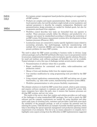 IMDS           For instance, project management based production planning is not supported by
108,8          all ERP systems.
           .
               Products are complex and require parameterization. Many systems are built on
               ﬁxed material codes, but real-life products might include several mandatory and
               optional parameters to describe the complete conﬁguration. Modularity and
               parameterization design principles are needed for ﬁnished goods, but also for
1054           components purchased from suppliers.
           .
               Workﬂow control describes how tasks are forwarded from one operator to
               another. These processes actually deﬁne the efﬁciency and productivity of a
               company and cannot be standardized according to following the restrictions of
               an ERP system. Performance measurement systems drive developments in these
               business processes (Phusavat, 2007).
           .
               Localization issues are connected to country-speciﬁc legislation issues related to
               accounting principles, but multi-language, multi-site manufacturing with
               multiple bill of materials (BOMs) and routings for the same sales code could
               present problems for many ERP systems.

        The need to adjust the ERP system according to business reality is obvious. Large
        software packages such as MySAP and Oracle offer many ways to use parameter control
        for processes, implementation templates, and even industry speciﬁc solutions. However,
        for small and medium scale software packages all ﬂexibility may not be available.
        Typical attempts to solve this type of challenges include several creative solutions:
            .
              Parameterization of software where this is possible.
            .
              Report modiﬁcation for customized work orders, order-conﬁrmations and
              production control.
            .
              Misuse of form and database ﬁelds from the original purpose.
            .
              User interface modiﬁcation by using programming tools provided by the ERP
              supplier.
            .
              Using external applications communicating with ERP and taking care of some
              functionality, e.g. sales order system, manufacturing execution system (MES).
            .
              Workﬂow parameterization to solve process ﬂexibility requirements.

        The ultimate solution is to build the ERP system from scratch, which is quite extreme,
        and requires software engineers to maintain and update a tailored IT system. Still,
        many companies have taken this path, since it ensures that business processes are
        driving ERP systems, and not vice versa.
            The results of the survey show that vendors and solution providers are well aware
        of the challenges of using standardized ERP packages. New tools to match the ERP
        software and the company requirements are needed. By using checklists and other
        quick audit types of screening tools, customers and providers could both cross-check
        the suitability of the proposed package, as well as evaluate the potential need for
        tailoring the system. Table III shows an example of possible checklist questions, which
        help in describing the special materials management and production planning related
        requirements of an enterprise. This list is by no means exhaustive or complete, but it
        highlights some aspects arising from the difﬁculties in ERP implementation suggested
 
