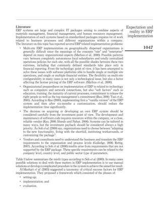 Literature                                                                                    Expectation and
ERP systems are large and complex IT packages aiming to combine aspects of
materials management, ﬁnancial management, and human resources management.
                                                                                                reality in ERP
Implementation of such systems based on standardized packages requires lot of work             implementation
related to business processes and different organizations within a company.
The literature on this topic has reported several ERP related implementation problems:
    .
      Multi-site ERP implementation on geographically dispersed organizations is                        1047
      generally difﬁcult since the meanings of the concepts “site” and “enterprise”
      depend on many organizational aspects (Markus et al., 2000). Possible patterns
      vary between completely autonomous local subsidiaries and totally centralized
      operations policies for each site, with all the possible shades between these two
      extremes, including that commonly deﬁned standards take place only in
      ﬁnancial reporting. From the technology point of view, it has been attempted to
      solve these issues with software platforms able to handle single or multiple site
      operations, and single or multiple ﬁnancial entities. The ﬂexibility on multi-site
      conﬁgurability in many cases is not only a technological issue, but also a factor
      affecting the license pricing of the ERP software. (Markus et al., 2000).
    .
      Organizational preparedness on implementation of ERP is related to technology
      such as computers and network connections, but also “soft factors” such as
      education, training, the maturity of current processes, commitment to release the
      right people as well as the top management’s commitment (Rao, 2000; Tsai et al.,
      2005). According to Rao (2000), implementing ﬁrst a “vanilla version” of the ERP
      system and then after six-months a customization, should reduce the
      implementation time signiﬁcantly.
    .
      The decision on acquiring or developing an own ERP system should be
      considered carefully from the investment point of view. The development and
      maintenance of software code requires resources within the company, or a close,
      reliable vendor (Rao, 2000; Iﬁnedo and Nahar, 2006). Systems can be tailored in
      many ways, but the investment payback should be considered always a high
      priority. As Soh et al. (2000) say, organizations need to choose between “adapting
      to the new functionality, living with the shortfall, instituting workarounds, or
      customizing the package”.
    .
      Vendors and consultants need to understand the business and translate the ERP
      requirements to the organization and process levels (Gulledge, 2006; Rettig,
      2007). According to Soh et al. (2000) misﬁts arise from requirements that are not
      supported by the ERP package. These speciﬁc requirements can be related to the
      company level, country level, and public sector type of parameters.

Table I below summarizes the misﬁt types according to Soh et al. (2000). In many cases
possible solutions to deal with these matters in ERP implementation is to use manual
solutions or develop a complicated procedure in the system to achieve the aimed for result.
   Al-Mashari et al. (2003) suggested a taxonomy of critical success factors for ERP
implementation. They proposed a framework which consisted of the phases of:
   .
      setting-up;
   .
      implementation; and
   .
      evaluation.
 