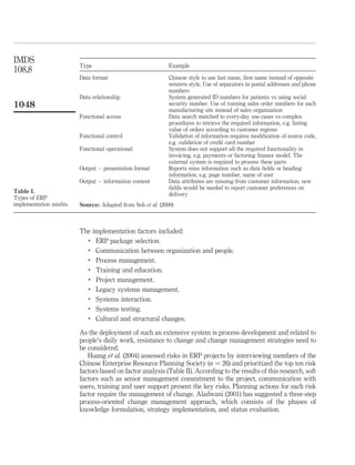 IMDS
                        Type                                Example
108,8
                        Data format                         Chinese style to use last name, ﬁrst name instead of opposite
                                                            western style. Use of separators in postal addresses and phone
                                                            numbers
                        Data relationship                   System generated ID numbers for patients vs using social
1048                                                        security number. Use of running sales order numbers for each
                                                            manufacturing site instead of sales organization
                        Functional access                   Data search matched to every-day use cases vs complex
                                                            procedures to retrieve the required information, e.g. listing
                                                            value of orders according to customer regions
                        Functional control                  Validation of information requires modiﬁcation of source code,
                                                            e.g. validation of credit card number
                        Functional operational              System does not support all the required functionality in
                                                            invoicing, e.g. payments or factoring ﬁnance model. The
                                                            external system is required to process these parts
                        Output – presentation format        Reports miss information such as data ﬁelds or heading
                                                            information, e.g. page number, name of user
                        Output – information content        Data attributes are missing from customer information, new
                                                            ﬁelds would be needed to report customer preferences on
Table I.
                                                            delivery
Types of ERP
implementation misﬁts   Source: Adapted from Soh et al. (2000)



                        The implementation factors included:
                          .
                             ERP package selection.
                          .
                             Communication between organization and people.
                          .
                             Process management.
                          .  Training and education.
                          .
                             Project management.
                          .
                             Legacy systems management.
                          .
                             Systems interaction.
                          .
                             Systems testing.
                          .
                             Cultural and structural changes.

                        As the deployment of such an extensive system is process development and related to
                        people’s daily work, resistance to change and change management strategies need to
                        be considered.
                           Huang et al. (2004) assessed risks in ERP projects by interviewing members of the
                        Chinese Enterprise Resource Planning Society (n ¼ 26) and prioritized the top ten risk
                        factors based on factor analysis (Table II). According to the results of this research, soft
                        factors such as senior management commitment to the project, communication with
                        users, training and user support present the key risks. Planning actions for each risk
                        factor require the management of change. Aladwani (2001) has suggested a three-step
                        process-oriented change management approach, which consists of the phases of
                        knowledge formulation, strategy implementation, and status evaluation.
 