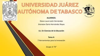 ALUMNOS:
Diana Laura León Hernández
Jhonatan Darío Hernández Reyes
Lic. En Ciencias de la Educación
Tema 4:
7 Herramientas para la Innovación
Grupo: 6 “D”
 
