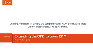 Research data spring
Extending the OPD to cover RDM10/12/2015
Defining minimum infrastructure components for RDM and making these
visible, discoverable, and comparable.
 