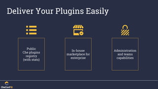 Deliver Your Plugins Easily
In-house
marketplace for
enterprise
Administration
and teams
capabilities
Public
Che plugins
registry
(with stats)
 