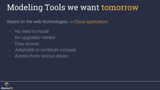 Modeling Tools we want tomorrow
Based on the web technologies → Cloud application
- No need to install
- No upgrades needed
- Easy access
- Adaptable to workload increase
- Access from various device
 