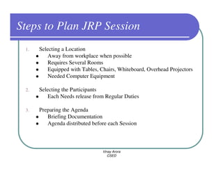 Steps to Plan JRP Session
 1.   Selecting a Location
          Away from workplace when possible
          Requires Several Rooms
          Equipped with Tables, Chairs, Whiteboard, Overhead Projectors
          Needed Computer Equipment

 2.   Selecting the Participants
          Each Needs release from Regular Duties

 3.   Preparing the Agenda
         Briefing Documentation
         Agenda distributed before each Session



                                Vinay Arora
                                   CSED
 