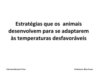 Estratégias que os  animais desenvolvem para se adaptarem às temperaturas desfavoráveis Ciências Naturais 8º Ano  Professora: Mina Covas 