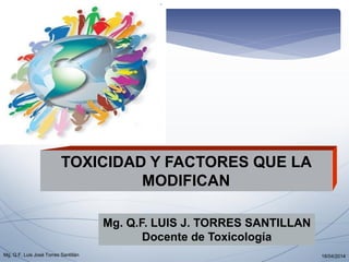 TOXICIDAD Y FACTORES QUE LA MODIFICAN 
Mg. Q.F. LUIS J. TORRES SANTILLAN 
Docente de Toxicología 
18/04/2014 
Mg, Q.F. Luis José Torres Santillán  