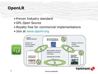 OpenLR Proven Industry standard GPL Open Source Royalty free for commercial implementations Join at  www.openlr.org 