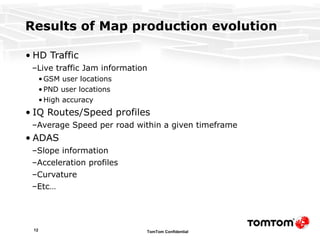 Results of Map production evolution HD Traffic Live traffic Jam information GSM user locations PND user locations High accuracy IQ Routes/Speed profiles Average Speed per road within a given timeframe ADAS Slope information Acceleration profiles Curvature Etc… 
