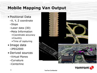 Mobile Mapping Van Output Positional Data X, Y, Z coordinate Slope Laser data (3D) Meta Information Coordinate accuracy Country Time of capturing Image data JPEG2000 Derived sources Virtual Planes Curvature  Centerline 