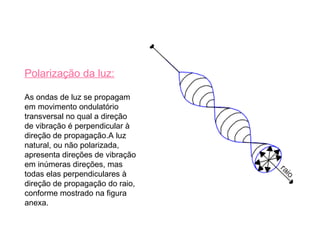 Polarização da luz: As ondas de luz se propagam em movimento ondulatório transversal no qual a direção de vibração é perpendicular à direção de propagação.A luz natural, ou não polarizada, apresenta direções de vibração em inúmeras direções, mas todas elas perpendiculares à direção de propagação do raio, conforme mostrado na figura anexa. 