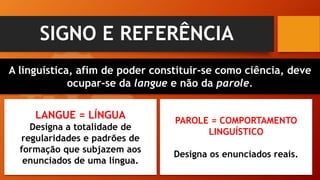 SIGNO E REFERÊNCIA
A linguística, afim de poder constituir-se como ciência, deve
ocupar-se da langue e não da parole.
LANGUE = LÍNGUA
Designa a totalidade de
regularidades e padrões de
formação que subjazem aos
enunciados de uma língua.
PAROLE = COMPORTAMENTO
LINGUÍSTICO
Designa os enunciados reais.
 