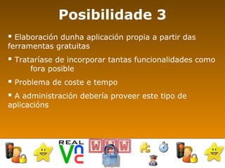 Posibilidade 3 Elaboración dunha aplicación propia a partir das  ferramentas gratuitas  Trataríase de incorporar tantas funcionalidades como  fora posible   Problema de coste e tempo A administración debería proveer este tipo de  aplicacións 