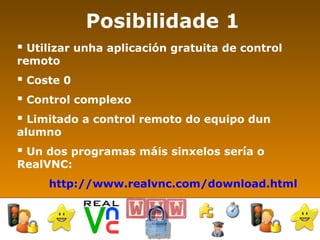 Posibilidade 1 Utilizar unha aplicación gratuita de control remoto  Coste 0 Control complexo  Limitado a control remoto do equipo dun  alumno Un dos programas máis sinxelos sería o RealVNC: http://www.realvnc.com/download.html 