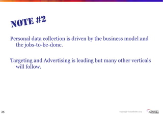 Copyright VisionMobile 2013
NOTE #2
Personal data collection is driven by the business model and
the jobs-to-be-done.
Targeting and Advertising is leading but many other verticals
will follow.
25
 