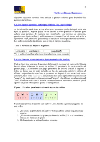 2
File Ownerships and Permissions
siguientes secciones veremos cómo utilizar la primera columna para determinar los
permis...