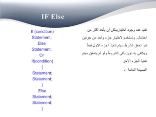 IF Else
If (condition)
Statement;
Else
Statement;
Or
If(condition)
{
Statement;
Statement;
}
Else
Statement;
Statement;
}
‫من‬ ‫أكثر‬ ‫يأخذ‬ ‫أن‬ ‫اختياريمكن‬ ‫وجود‬ ‫عند‬ ‫تفيد‬
‫احتمال‬.‫جزئين‬ ‫من‬ ‫واحد‬ ‫جزء‬ ‫الختيار‬ ‫وتستخدم‬
‫فقط‬ ‫االول‬ ‫الجزء‬ ‫تنفيذ‬ ‫سيتم‬ ‫الشرط‬ ‫تحقق‬ ‫فلو‬
‫سيتم‬ ‫يتحقق‬ ‫لم‬ ‫ولو‬ ‫الشروط‬ ‫باقى‬ ‫دون‬ ‫به‬ ‫ويكتفى‬
‫االخر‬ ‫الجزء‬ ‫تنفيذ‬
‫العامة‬ ‫الصيغة‬:-
 