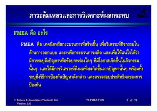 ภาวะลมเหลวและการวิเคราะหผลกระทบ
FMEA คือ อะไร
     FMEA คือ เทคนิคหรือกระบวนการที่สรางขึ้น เพือวิเคราะหกิจกรรมใน
                                                 ่
            ดานการออกแบบ และ/หรือกระบวนการผลิต และเพื่อใหแนใจไดวา    
            มีการระบุถึงปญหาหรือขอบกพรองใดๆ ที่มีโอกาสเกิดขึ้นในกิจกรรม
            นันๆ และไดมีการวิเคราะหถึงผลทีจะเกิดขึ้นจากปญหานันๆ พรอมทั้ง
              ้                        ถึ ่                ญหานั้
            ระบุถึงวิธีการปองกันปญหาดังกลาว เเละตรวจสอบประสิทธิผลของการ
            ปองกัน

© Robere & Associates (Thailand) Ltd.      TS-FMEA-T-DN           3 of 78
  Version 2.01
 