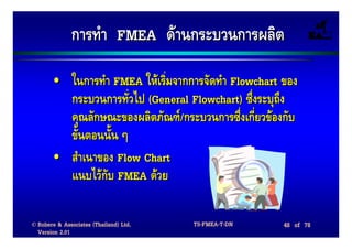 การทํา FMEA ดานกระบวนการผลิต
        •      ในการทํา FMEA ใหเริ่มจากการจัดทํา Flowchart ของ
               กระบวนการทั่วไป (General Flowchart) ซึ่งระบุถึง
               คุณลักษณะของผลิตภัณฑ/กระบวนการซึ่งเกี่ยวของกับ
               ขั้นตอนนั้น ๆ
        •      สําเนาของ Flow Chart
               แนบไวกับ FMEA ดวย

© Robere & Associates (Thailand) Ltd.   TS-FMEA-T-DN       48 of 78
  Version 2.01
 