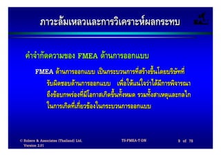 ภาวะลมเหลวและการวิเคราะหผลกระทบ

   คําจํากัดความของ FMEA ดานการออกแบบ
         FMEA ดานการออกแบบ เปนกระบวนการที่สรางขึ้นโดยบริษทที่
                                                            ั
                รับผิดชอบดานการออกแบบ เพื่อใหแนใจวาไดมการพิจารณา
                                                                 ี
                ถึงขอบกพรองที่มีโอกาสเกิดขึ้นทั้งหมด รวมทั้งสาเหตุและกลไก
                ในการเกิดที่เกี่ยวของในกระบวนการออกแบบ


© Robere & Associates (Thailand) Ltd.         TS-FMEA-T-DN           9 of 78
  Version 2.01
 