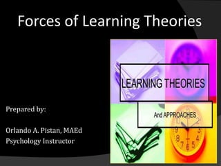 Forces of Learning Theories
Prepared by:
Orlando A. Pistan, MAEd
Psychology Instructor
 