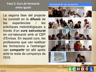 Fase 2: Curs de formació
entre iguals
La segona fase del projecte
ha consistit en la difusió de
les experiències i les
pràctiques metodològiques a
través d’un curs estructurat
en col·laboració amb el CEP
d’Eivissa. En aquest curs, les
professores que van realitzar
les formacions a l’estranger
van compartir tot allò aprés
amb la resta de companys de
l’EOI.
 