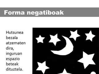 Forma negatiboak
Hutsunea
bezala
atzematen
dira,
inguruan
espazio
beteak
dituztela.

 