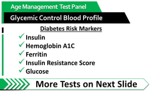 More Tests on Next Slide
AgeManagement TestPanel
Glycemic Control Blood Profile
Insulin
Hemoglobin A1C
Ferritin
Insulin Resistance Score
Glucose
Diabetes Risk Markers
 