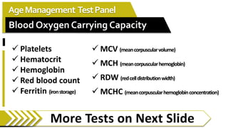 More Tests on Next Slide
AgeManagement TestPanel
Blood Oxygen Carrying Capacity
 MCV (meancorpuscularvolume)
 MCH (meancorpuscularhemoglobin)
 RDW (redcelldistributionwidth)
 MCHC (meancorpuscularhemoglobinconcentration)
 Platelets
 Hematocrit
 Hemoglobin
 Red blood count
 Ferritin (ironstorage)
 