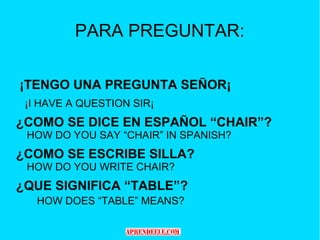 PARA PREGUNTAR:

¡TENGO UNA PREGUNTA SEÑOR¡
 ¡I HAVE A QUESTION SIR¡
¿COMO SE DICE EN ESPAÑOL “CHAIR”?
 HOW DO YOU SAY “CHAIR” IN SPANISH?
¿COMO SE ESCRIBE SILLA?
 HOW DO YOU WRITE CHAIR?
¿QUE SIGNIFICA “TABLE”?
   HOW DOES “TABLE” MEANS?
 